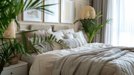 bedroom with bed and pillows blankets, comfy and cozy