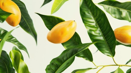 Mango defying gravity as it floats alongside lush green leaves against a white background, exuding a sense of tropical enchantment
