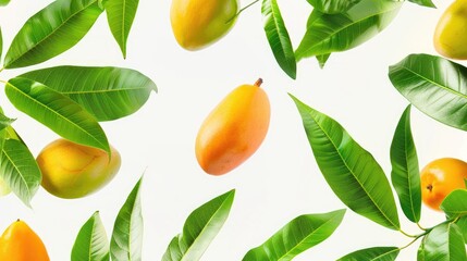 Mango defying gravity as it floats alongside lush green leaves against a white background, exuding a sense of tropical enchantment