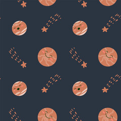 Childrens adventure pattern with cosmic objects and galaxy elements, cute planets. Seamless background with doodle space elements. Childrens pattern with cute cartoon characters.