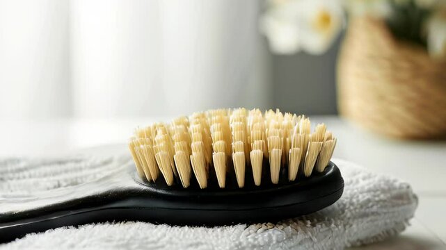 Soft-bristled wooden brush on white towel