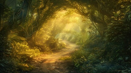 Enchanting forest path illuminated by warm