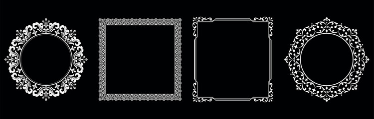 Fototapeta premium Set of decorative frames Elegant vector element for design in Eastern style, place for text. Floral black and white borders. Lace illustration for invitations and greeting cards.