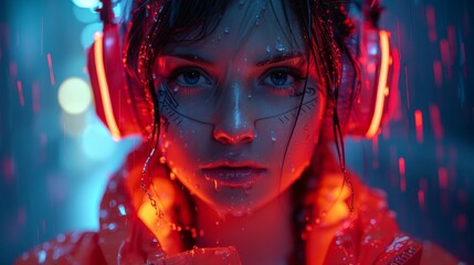 Obraz premium Intense Neon Cyberpunk Portrait - Generative AI