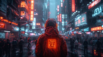 Fototapeta premium Cyberpunk Cityscape at Night with Person in Hooded Jacket - Generative AI