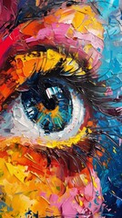 Intricately painted with vibrant oil strokes, this artwork features a vibrant abstract eye design