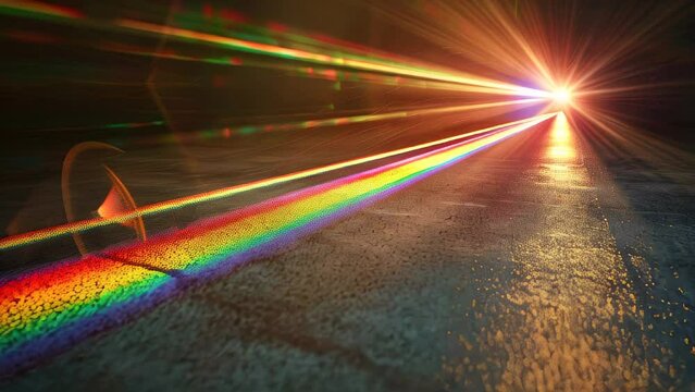 Beam of light disperses into spectrum colors on textured surface