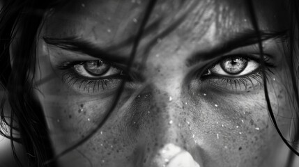 The piercing gaze of a woman her determination evident in the depths of her eyes. Black and white art