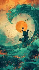 Samurai Amidst Ocean Waves with abstract sunset combines art, balance, and beauty