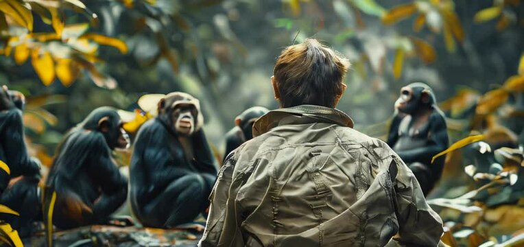 Person observing group of chimpanzees in forested area