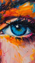 Vibrant abstract eye painting with bold colorful shades on canvas, showcasing creativity and beauty
