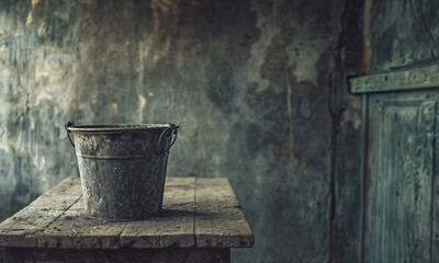 Old rusty metal bucket on an old weathered table inside