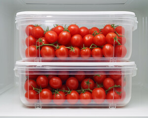 Fresh cherry tomatoes stored in transparent plastic containers ensuring freshness and organization in the refrigerator.