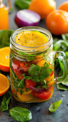 Citrus vinaigrette in a glass jar with fresh ingredients, gourmet salad ingredients, tangy and zesty