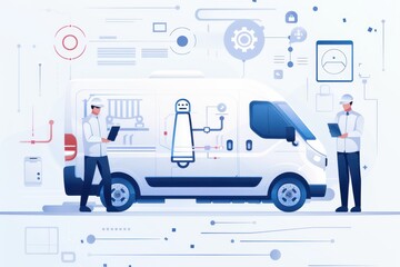 Technicians using tablets next to a service van with futuristic digital graphics, showcasing modern technology and connectivity.