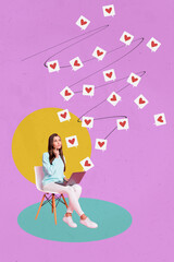 Trend sketch image photo collage of blogging online share post like heart reaction feedback popular young woman work laptop sit chair