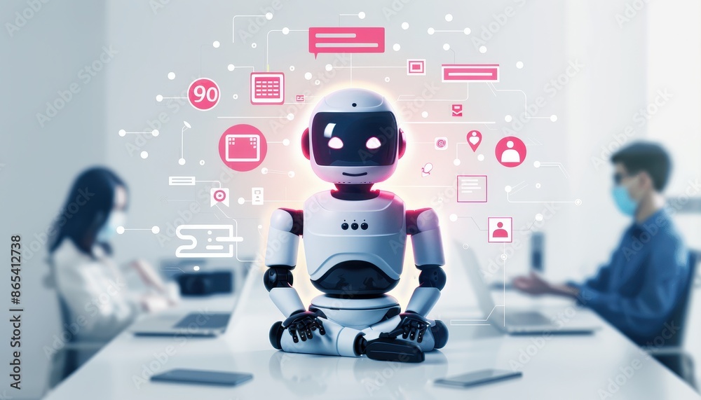 Aufkleber Robot sitting in office with employees, illustrating artificial intelligence and technology integration in the workplace. Futuristic digital concept.