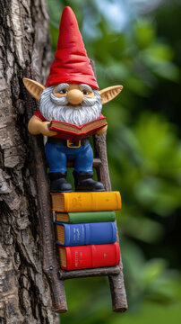 Gnome librarian organizing tiny books in a tree library, gnomes, organization and magic