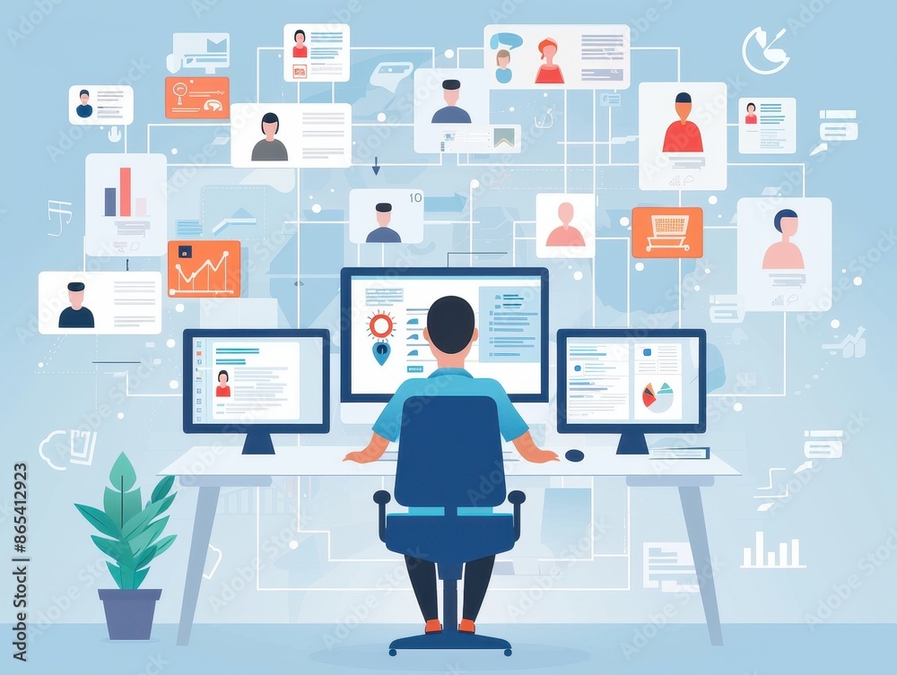Fototapete Office worker managing remote team through computer screens with interconnected graphs, charts, and colleague profiles in a virtual workspace.