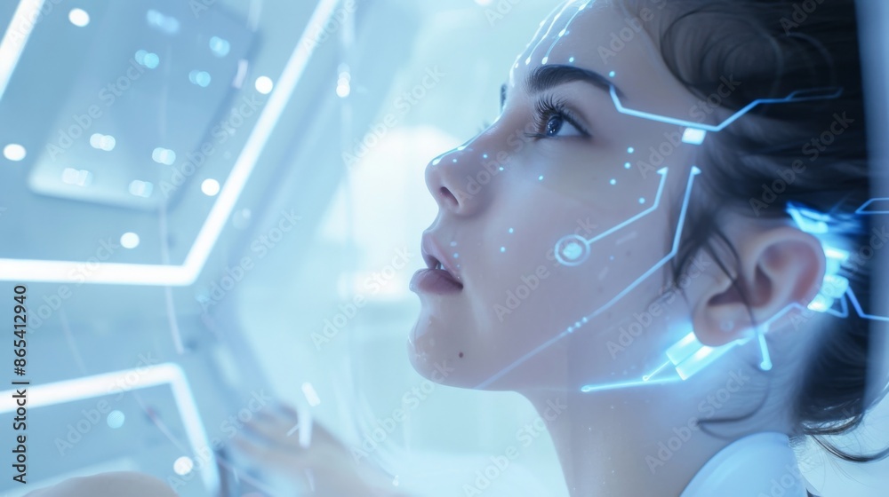 Poster a young woman stands in a futuristic setting, with a digital interface projected onto her face. the 