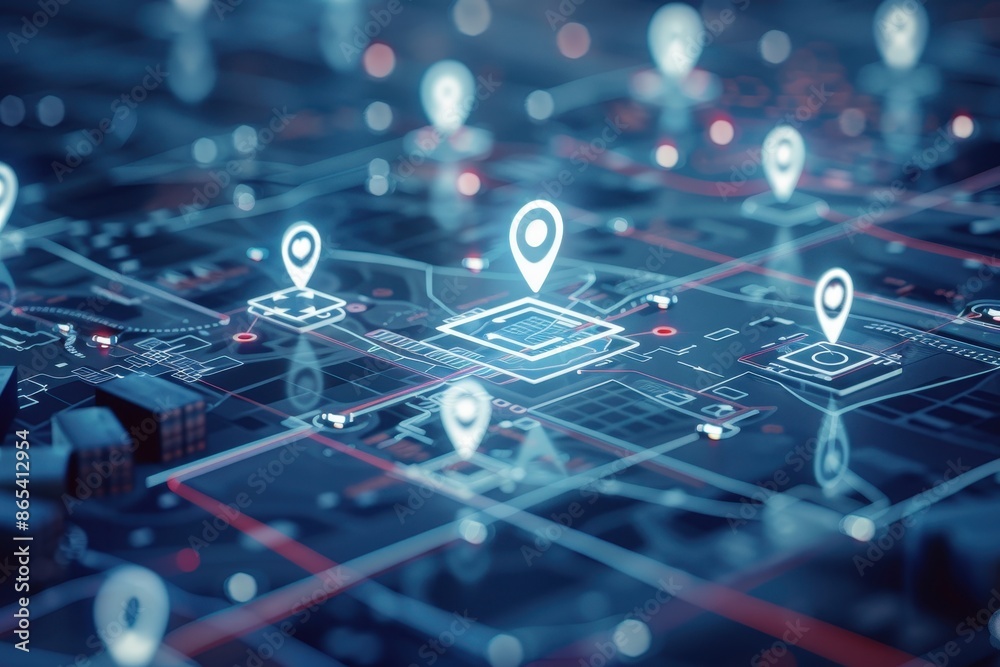 Aufkleber Networked location pins over a digital circuit board representing data, technology, and GPS navigation concepts.