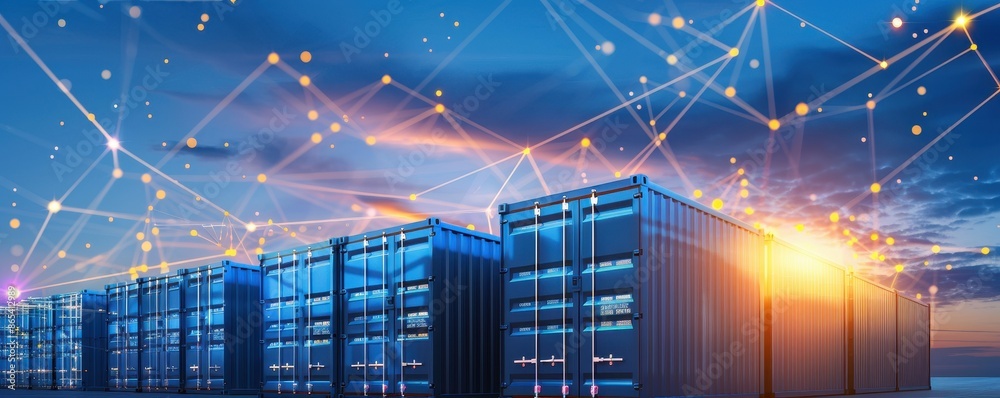 Poster Modern data center with blue servers and network connections at sunset, representing cloud computing and big data technology.