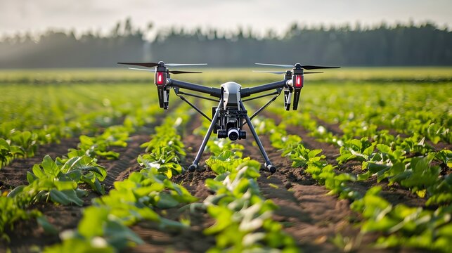 A drone is flying over a field of green plants. The sky is filled with clouds and the sun is setting