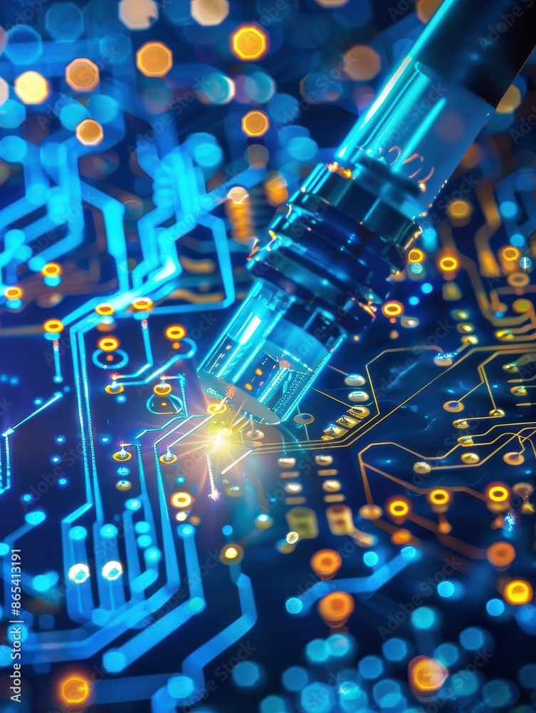 Poster Macro view of a soldering tool working on a glowing blue circuit board with electronic components and tracks being illuminated.