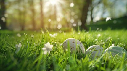 Spring Symbols Grass and Easter Eggs in Background