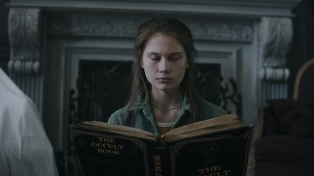 Chest up portrait of pale teenage girl lowering old occult book, being possessed by demon and looking at camera in old empty mansion