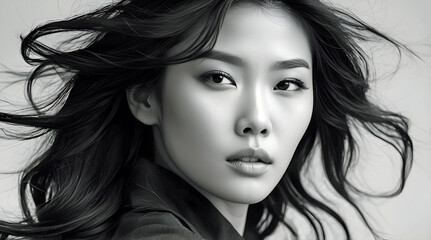 Fototapeta premium Beautiful Asian Woman Long Black Hair Flying in the Wind