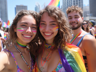 A group of friends taking selfie with rainbow flags, at gaypride