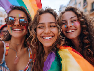 A group of friends taking selfie with rainbow flags, at gaypride