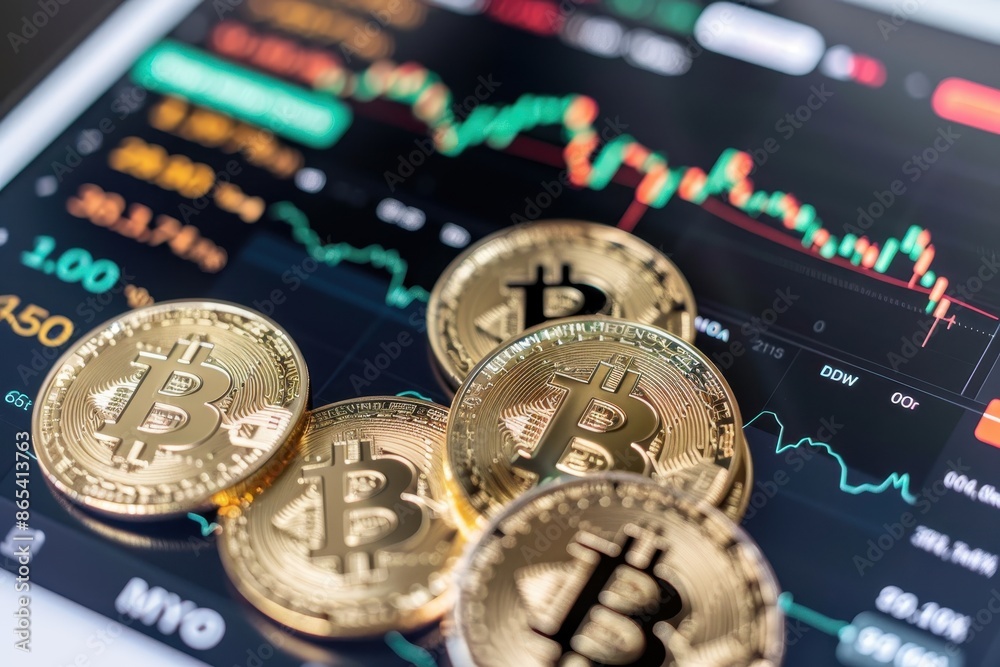 Poster golden bitcoins on a digital screen with stock market graphs showing trading trends and cryptocurren