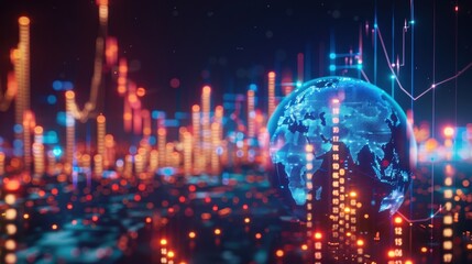 Glowing digital world with neon cityscape and data visualization, representing global connectivity and technology trends.