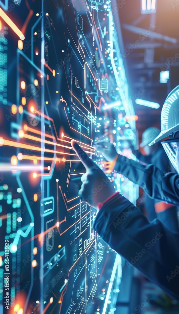 Aufkleber Futuristic interface technology, person interacting with digital screen showing data visualization, innovation in technology and software development.