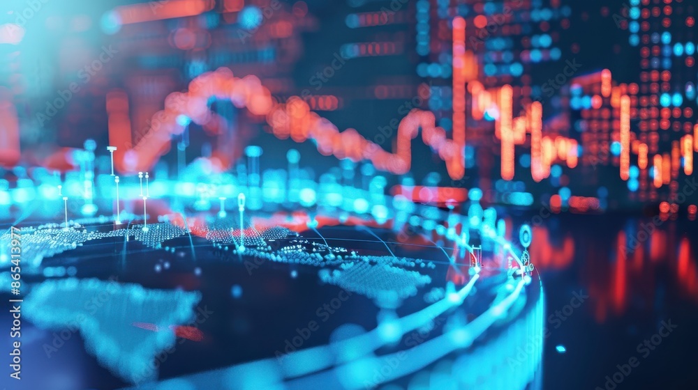Poster Futuristic financial data visualization with charts and graphs in foreground, showcasing a digital representation of global economic trends.