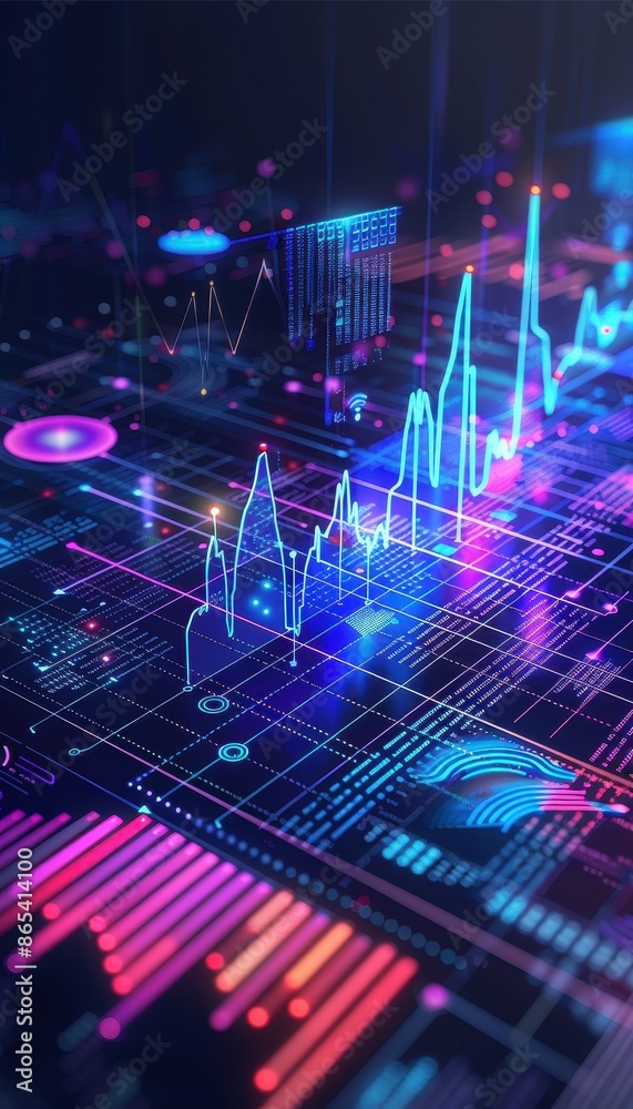 Aufkleber Futuristic digital data visualization with neon colors, representing financial and technological growth through abstract graphs and charts.