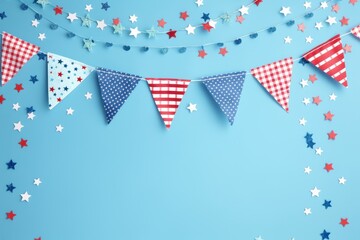 Obraz premium Festive blue background with red, white, and blue pennant banner and star-shaped confetti, perfect for celebrations and patriotic events.