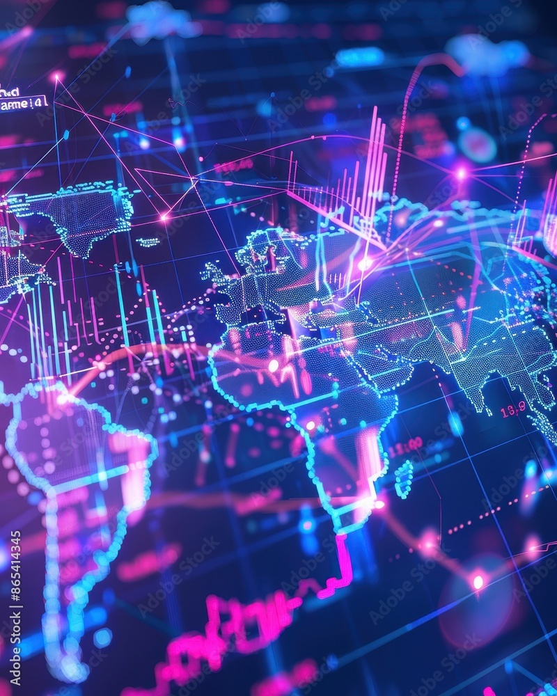 Leinwandbilder Digital world map with futuristic data and neon charts visualizing global financial trends and technological connections.