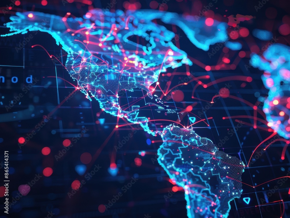 Leinwandbilder digital world map with glowing connections representing global communication, technology, and networ