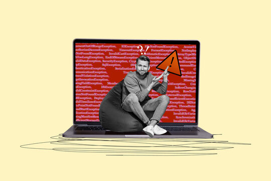 Composite photo collage of confused man it programmer broke macbook device warning alert sign cyberattack isolated on painted background