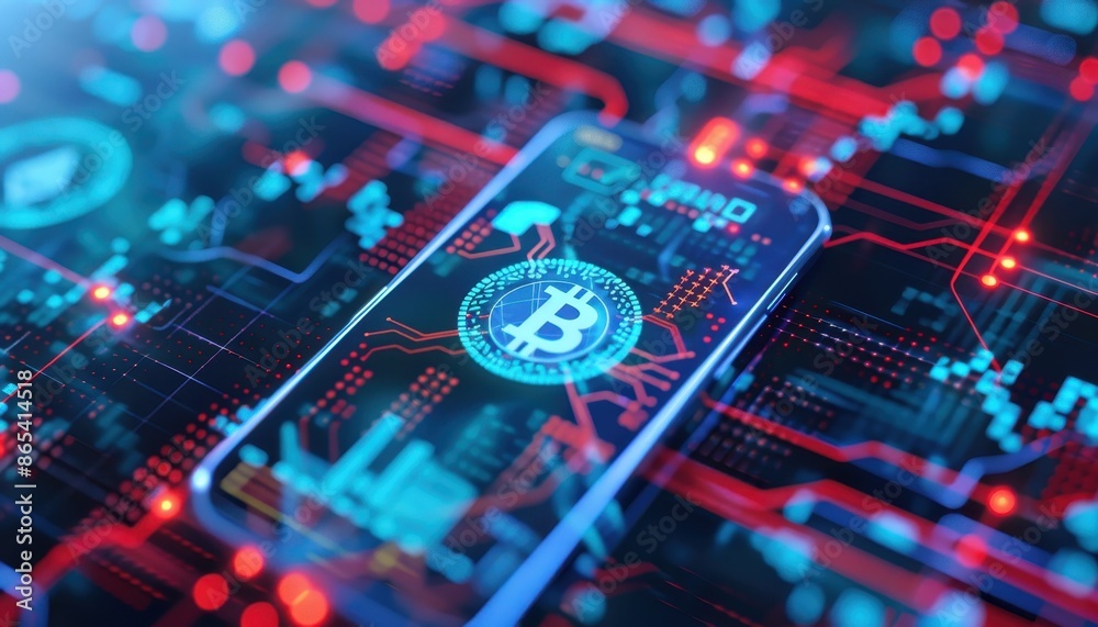 Poster Digital representation of Bitcoin on a smartphone screen, surrounded by a futuristic circuit board design symbolizing cryptocurrency and blockchain.