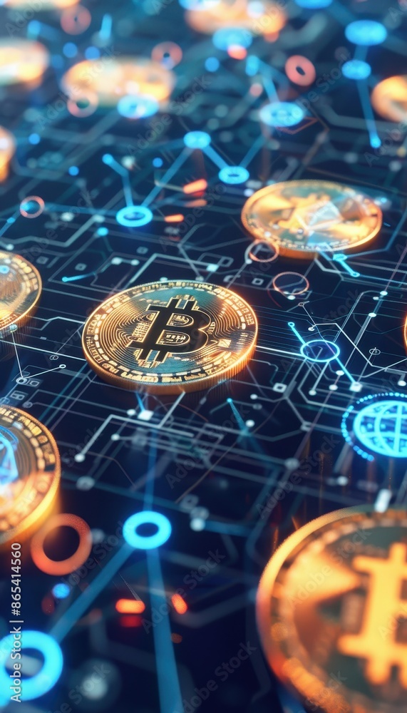 Aufkleber Digital Bitcoin tokens floating over a network background representing modern cryptocurrency technology and financial innovation.