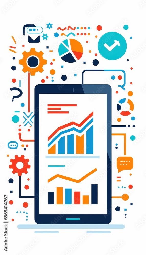 Leinwandbilder Colorful infographic depicting data analytics and statistical graphs on a tablet display, surrounded by icons representing technology and progress.