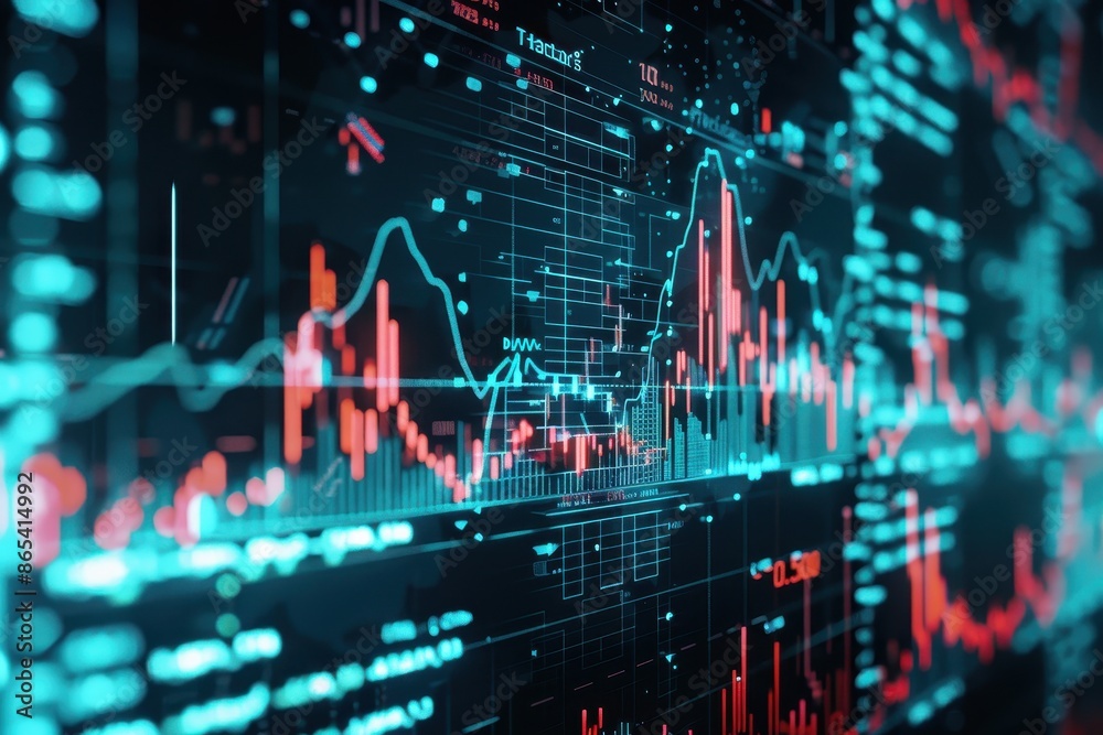 Poster close-up view of a digital interface displaying financial data, stock market graphs, and analytical 