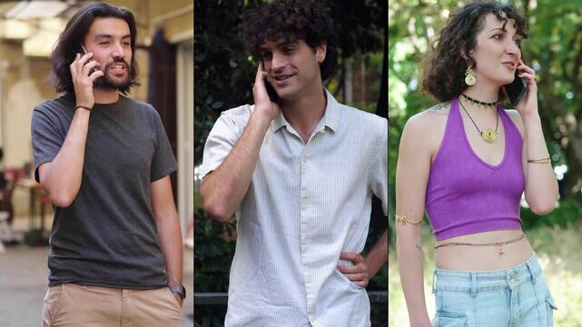 Multiscreen display featuring two young men and one young woman, all around 25 years old, engaged in phone conversations. Their expressions show focus and engagement.