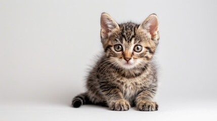 Obraz premium Tabby kitten with adorably cute appearance set against plain white backdrop
