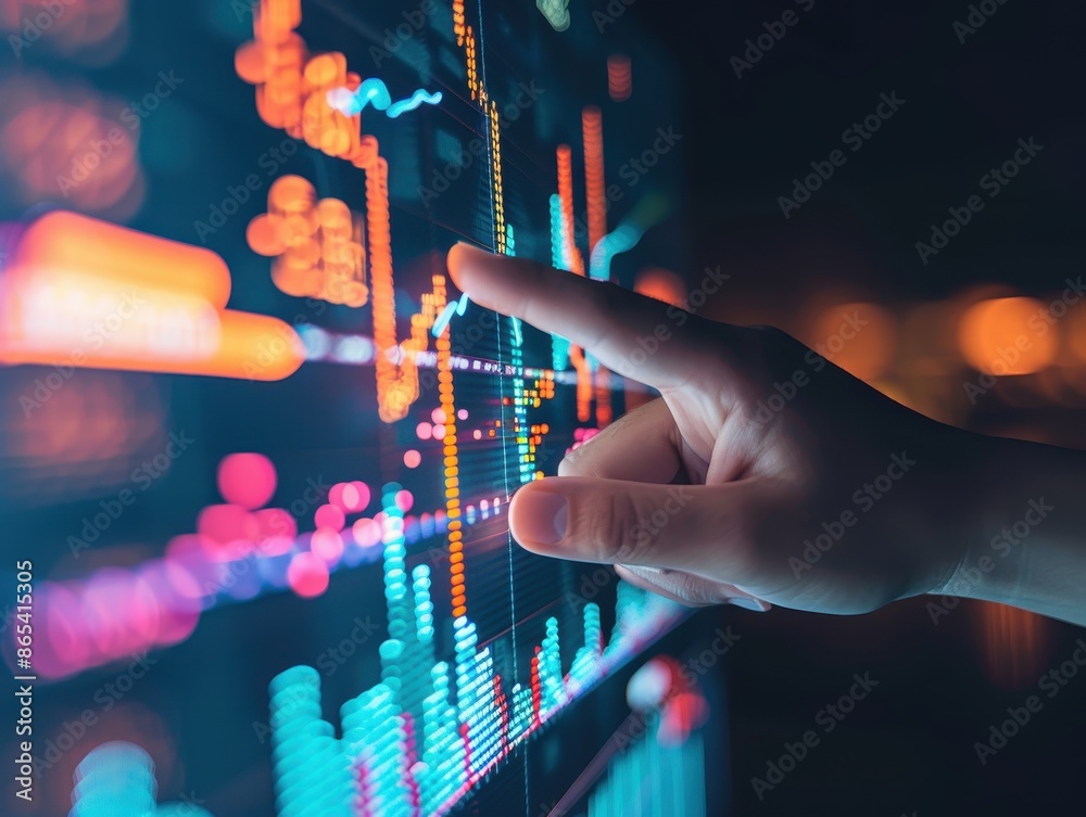 Poster close-up of a hand interacting with a digital stock market chart on a touchscreen, showing financial