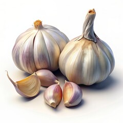 Obraz premium Fresh whole garlic bulbs and cloves with light brown skin, showcasing detailed textures and natural shapes. 3D Render.